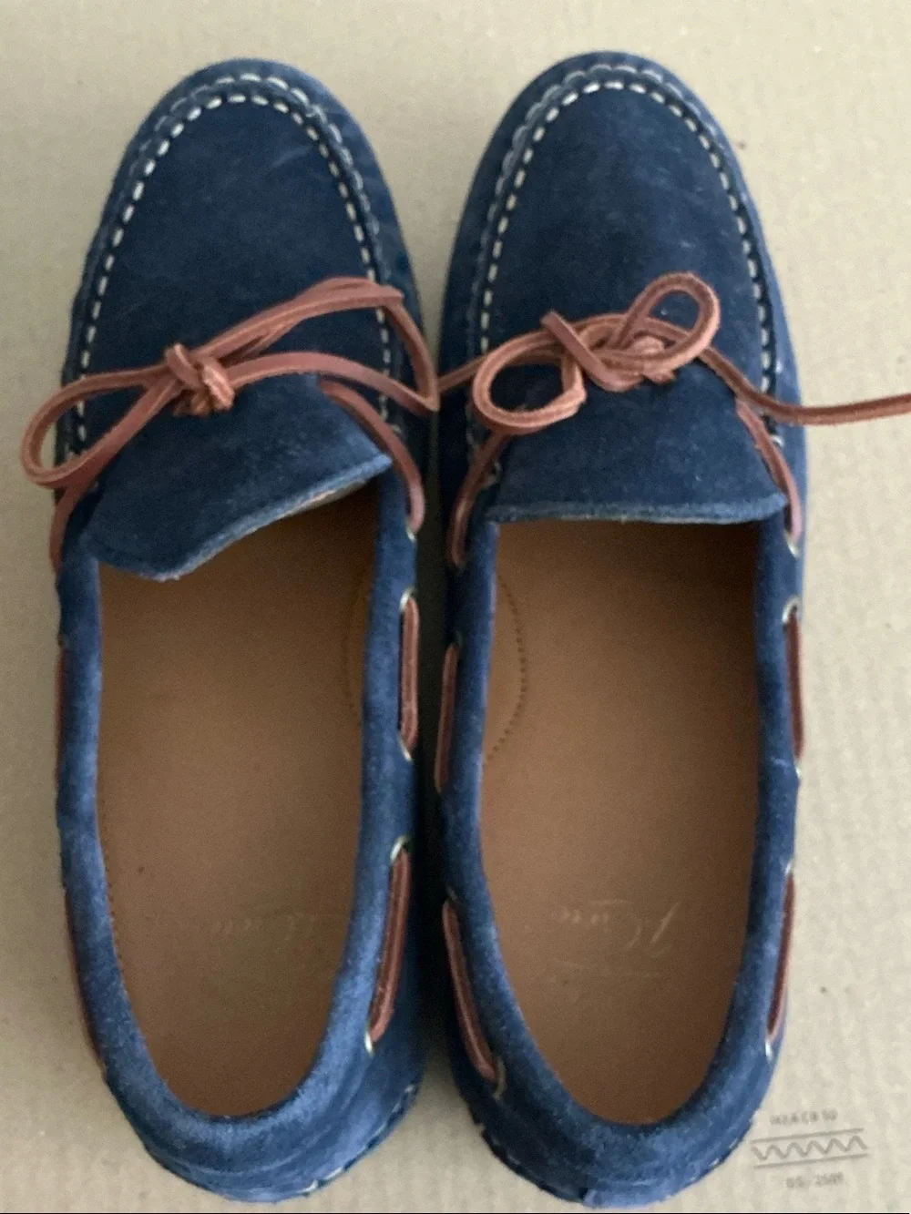 J. Crew Navy Suede Driving Loafers with Brown Lace Trim Men's size 8.5
